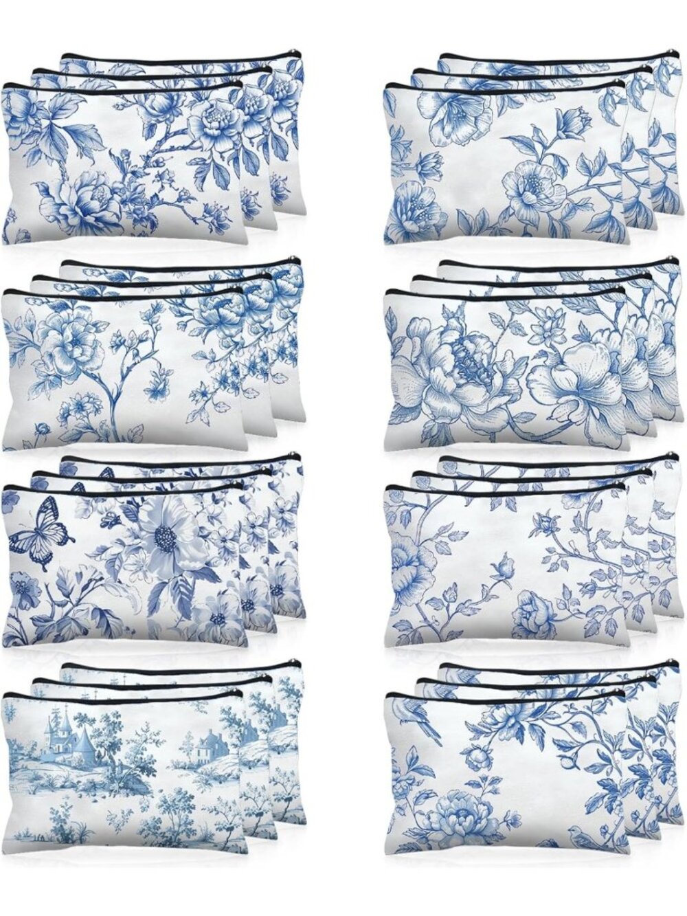 24 Floral Makeup Bags Set - Blue & White Chinoiserie Travel Pouches, Aesthetic